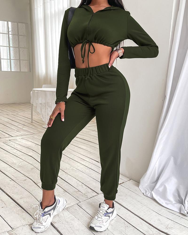 

Drawstring Zip Front Hooded Crop Top & Pants Set, Green