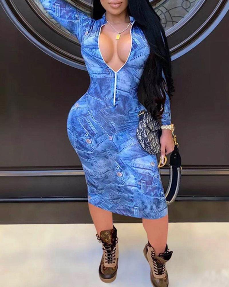 

Denim Look Print Zip Front Bodycon Dress, Blue