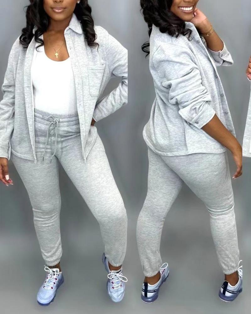 

Long Sleeve Buttoned Top & Drawstring Pants Set, Gray