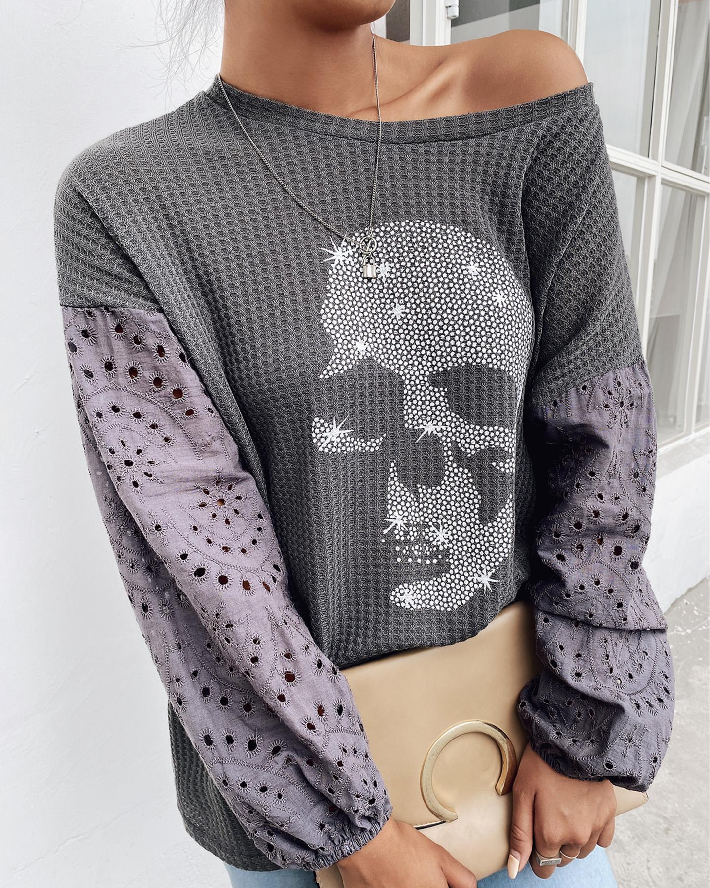 

Glitter Skeleton Lantern Sleeve Women Top, Gray