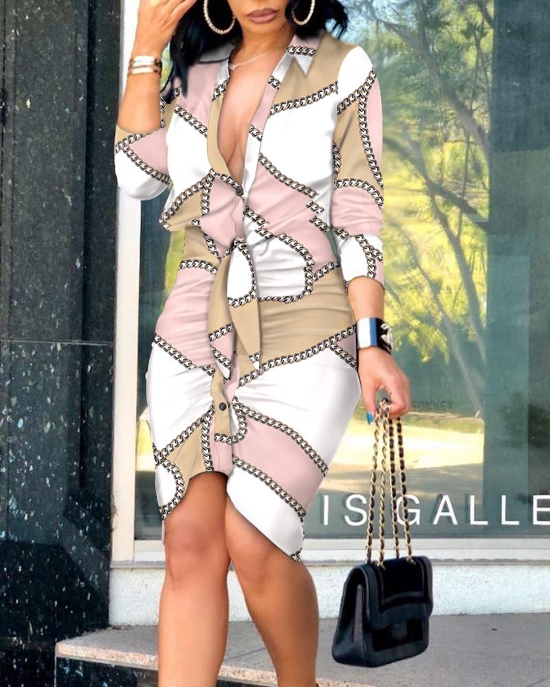 

Scarf Chain Print Tied Detail Ruched Shirt Dress, Pink