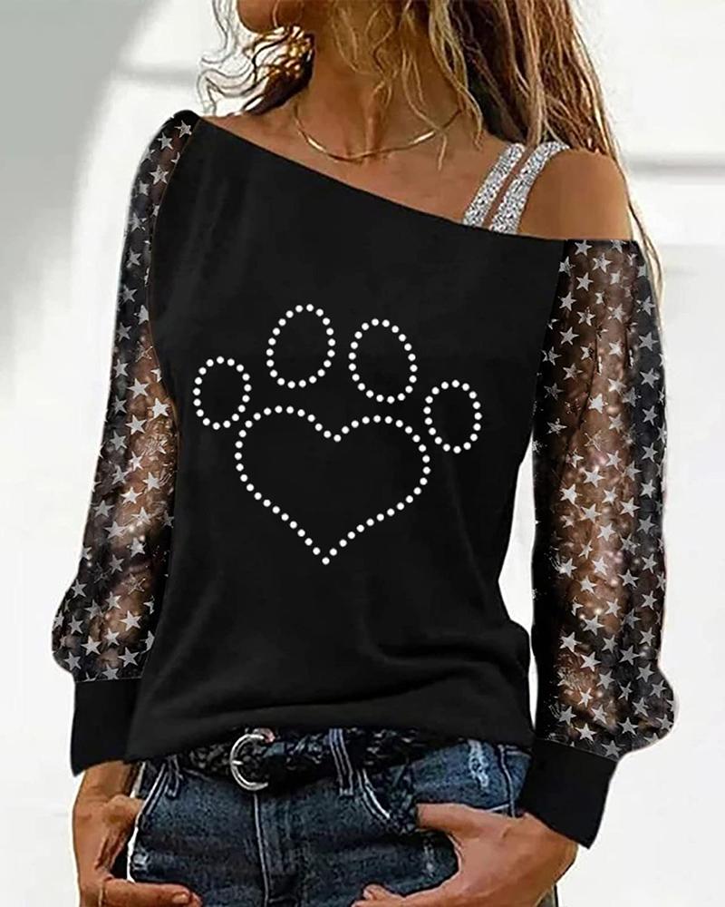 

Lantern Sleeve Star Mesh Rhinestone Decor Top, Style2