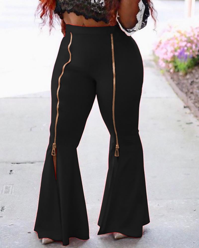 

Zipper Design High Waist Bootcut Pants, Black