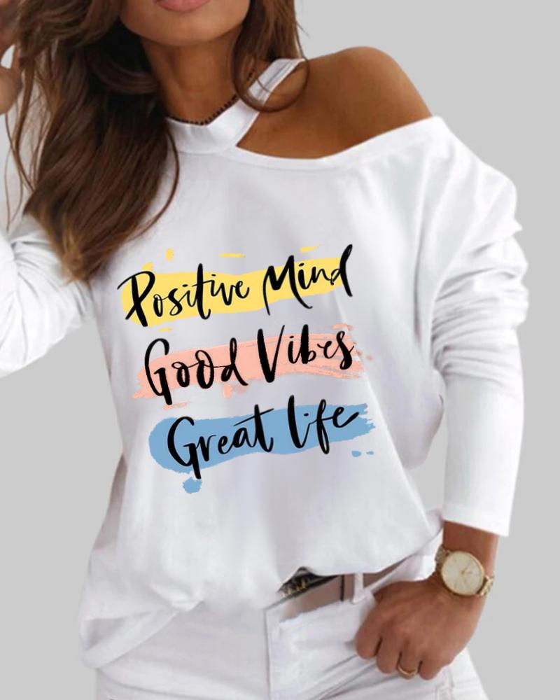 

Letter Print Long Sleeve One Shoulder Top, White