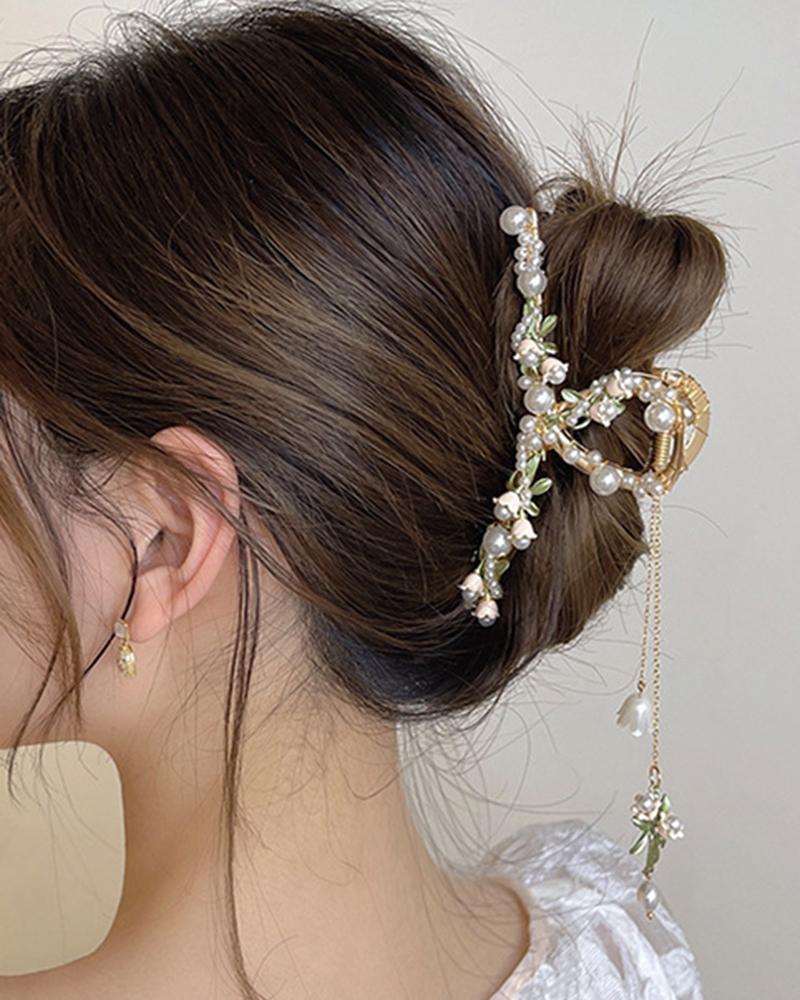 

1pc Floral Faux Pearls Beaded Shark Hair Claw, Gold