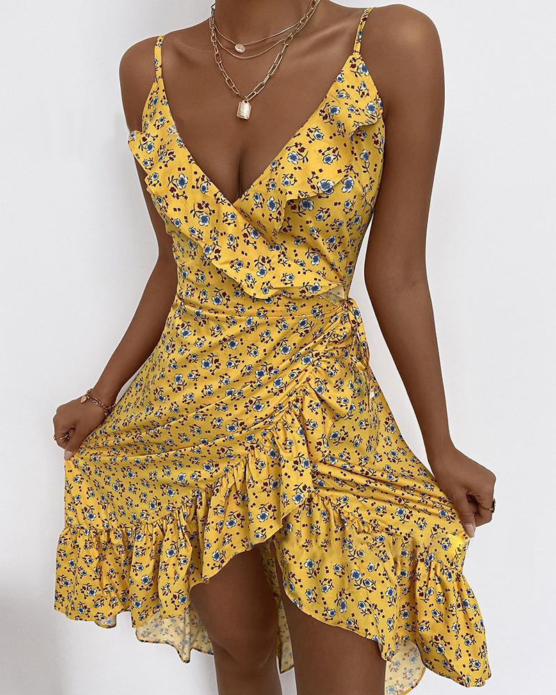 

Ruffles Trim Tied Detail Floral Print Wrap Dress, Yellow