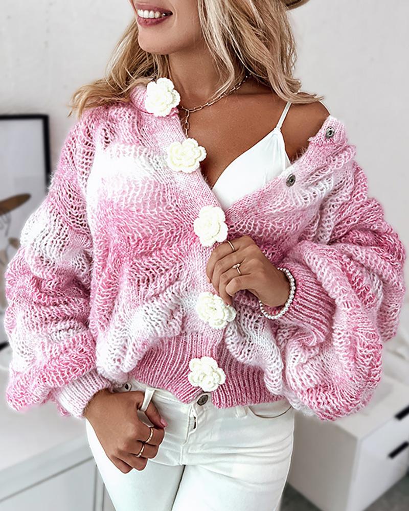 

Colorblock Floral Pattern Lantern Sleeve Cardigan, Pink