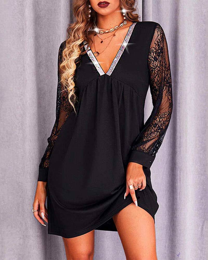 

Contrast Lace Long Sleeve Casual Dress, Black