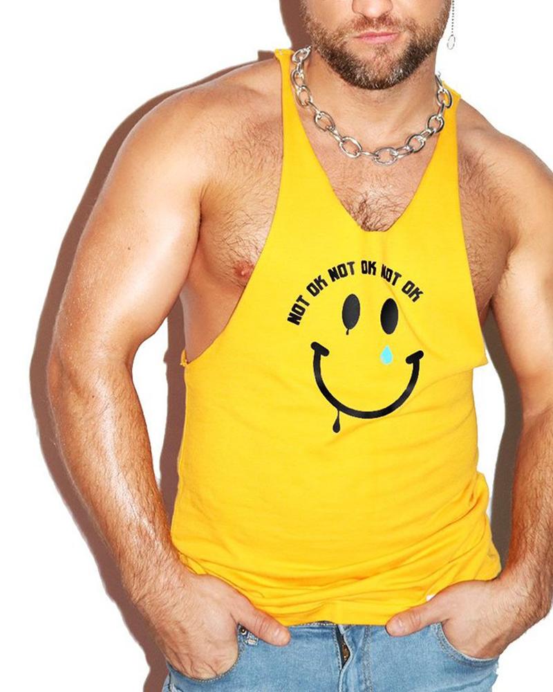 

Smile Graphic Print Sleeveless Slim Tanks, Yellow