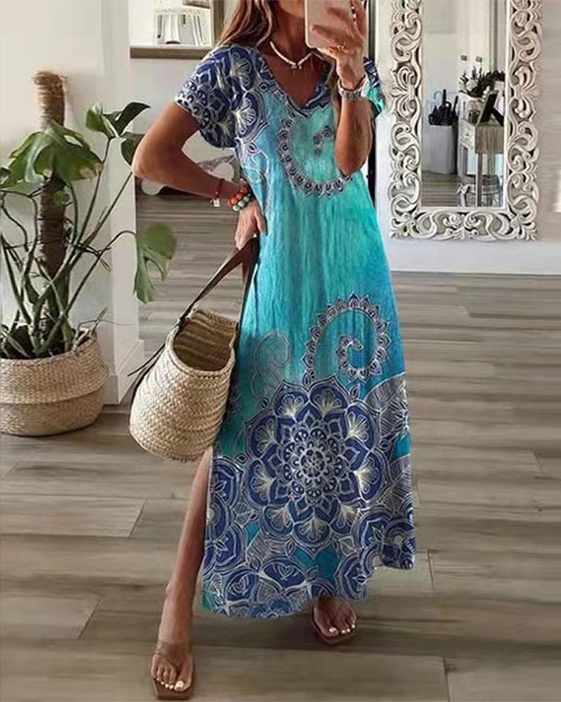 

Tribal Floral Print Split Hem Maxi Dress, Blue