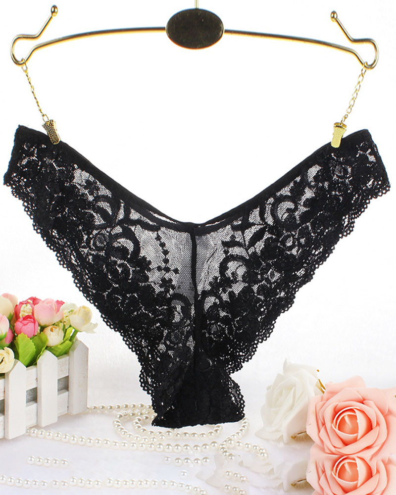 

Crochet Lace Mesh Thong Panty, Black