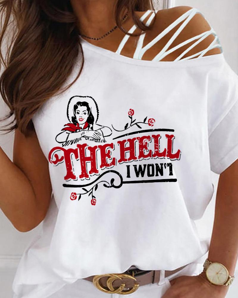 

Letter Figure Print Cold Shoulder Top, White