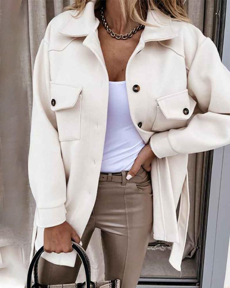 

Pocket Design Buttoned Longline Coat, Beige