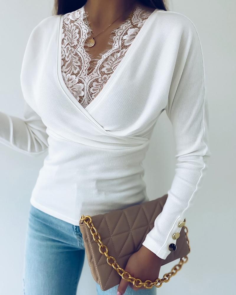 

Eyelash Lace Patch Long Sleeve Ribbed Top, White