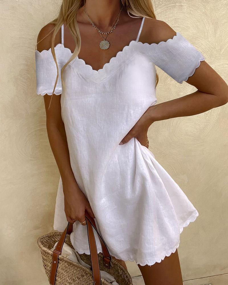 

Cold Shoulder Scallop Trim Casual Dress, White