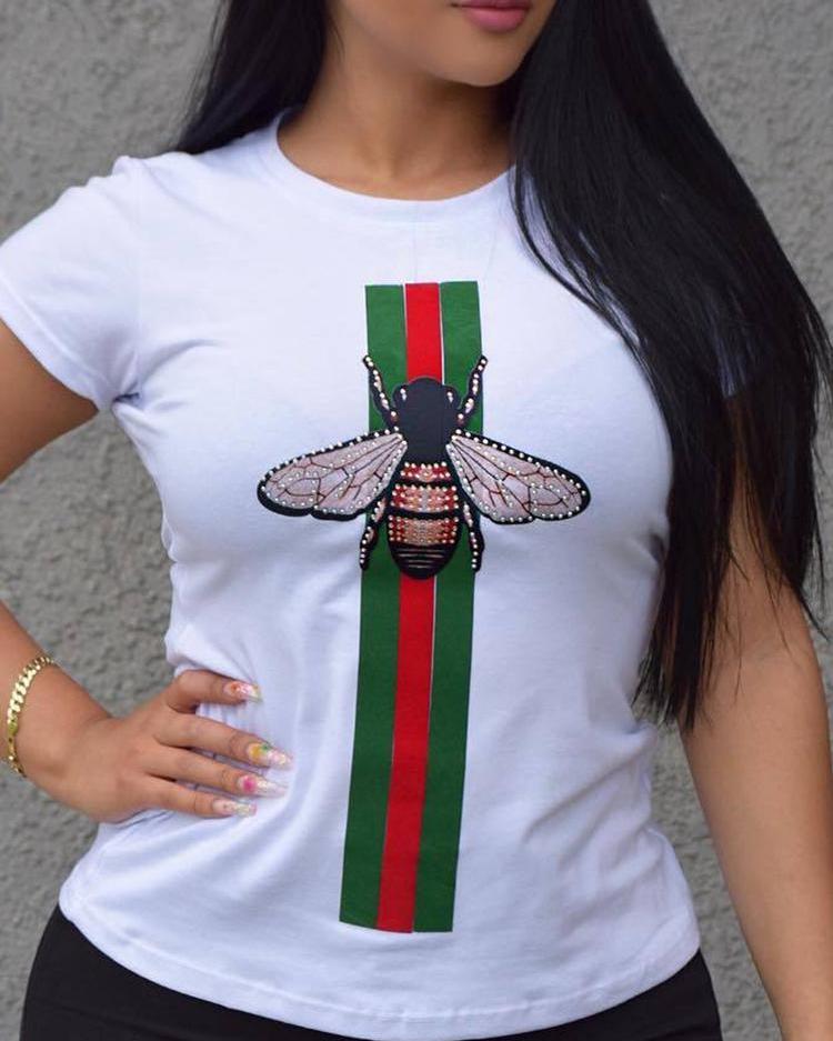 

Fashion Striped&Bee Print Casual T-shirt, White