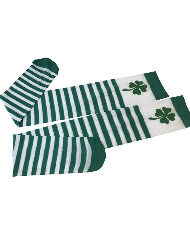 

St. Patrick's Day Over The Knee Heartbeat Clover Striped Print Stokcings, Style1