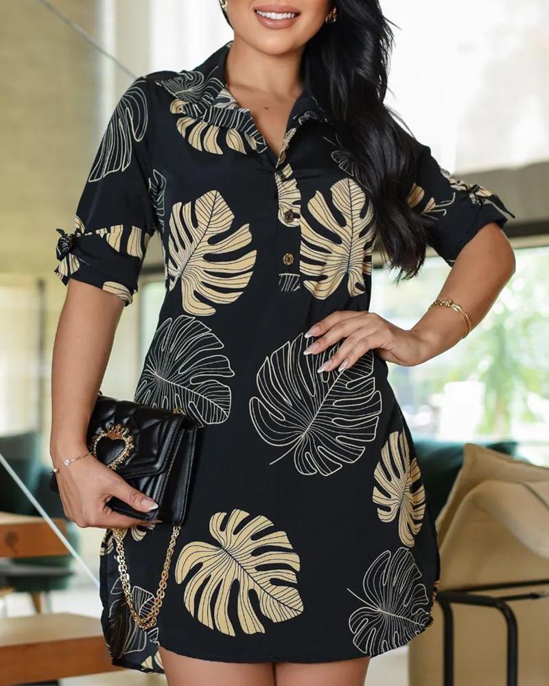 

Palm Leaf Print Buttoned Shirt Dress, Black