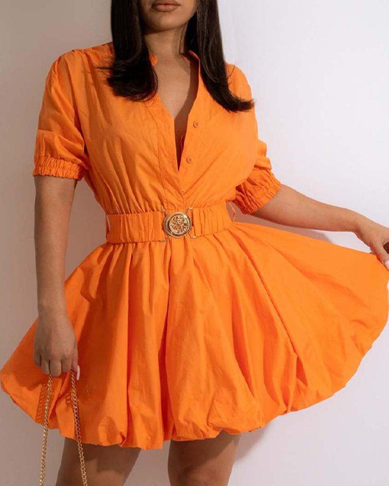 

Button Front Buckle Belted Mini Dress, Orange