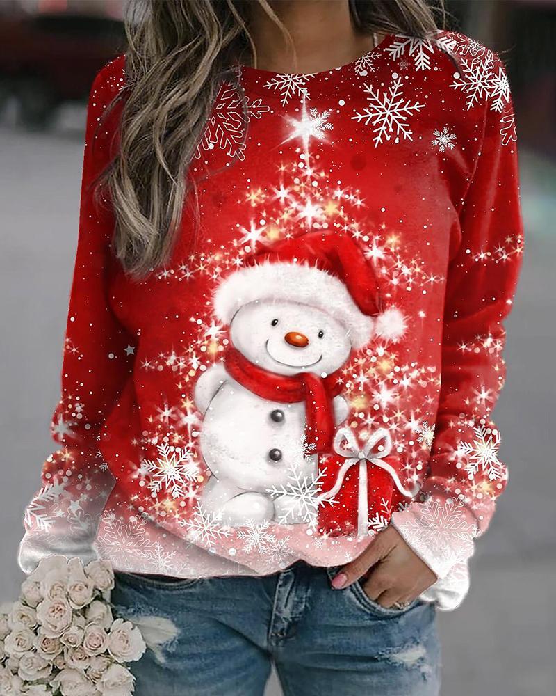 

Plus Size Christmas Snowman Snowflake Print Sweatshirt, Red