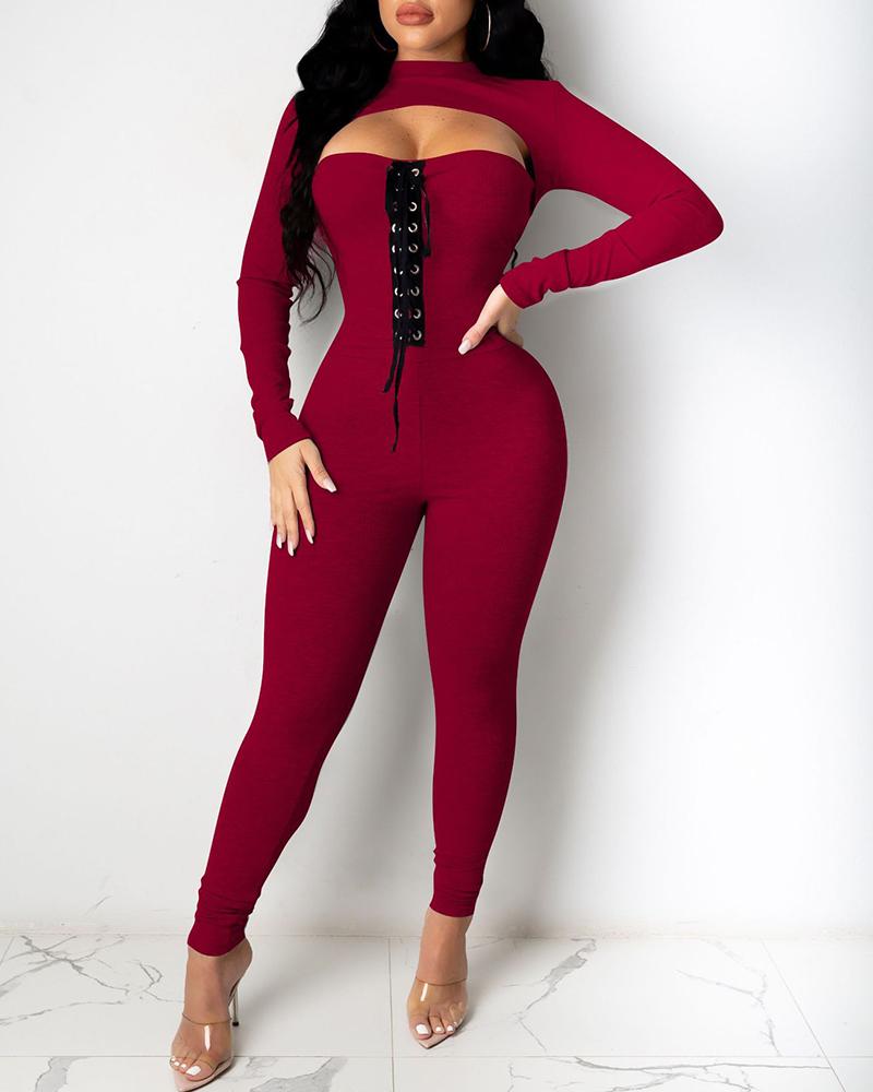 

Eyelet Lace-up Cutout Front Jumpsuit & Asymmetrical Top Set, Red