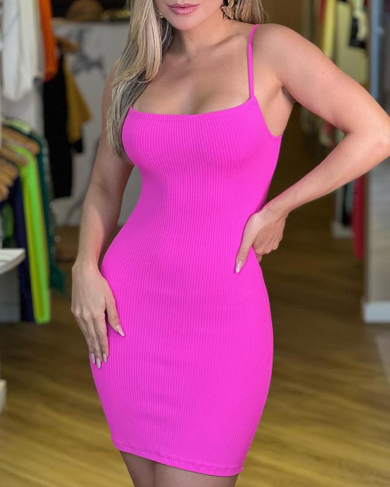 

Spaghetti Strap Ribbed Bodycon Dress, Hot pink