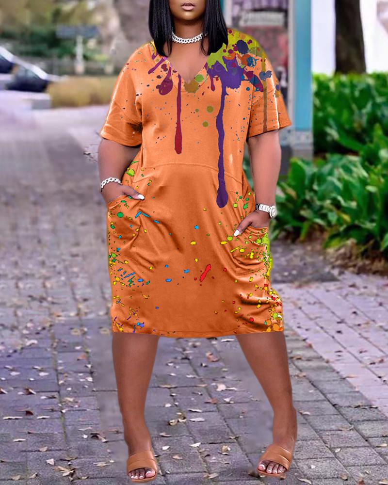 

Plus Size Ink Splash Print Short Sleeve Pocket Design Casual Dress, Orange