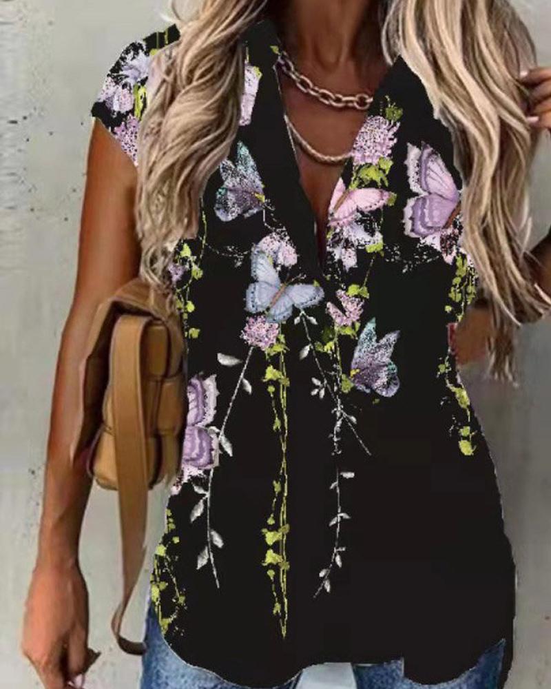 

Floral Butterfly Print Short Sleeve Buttoned Top, Black