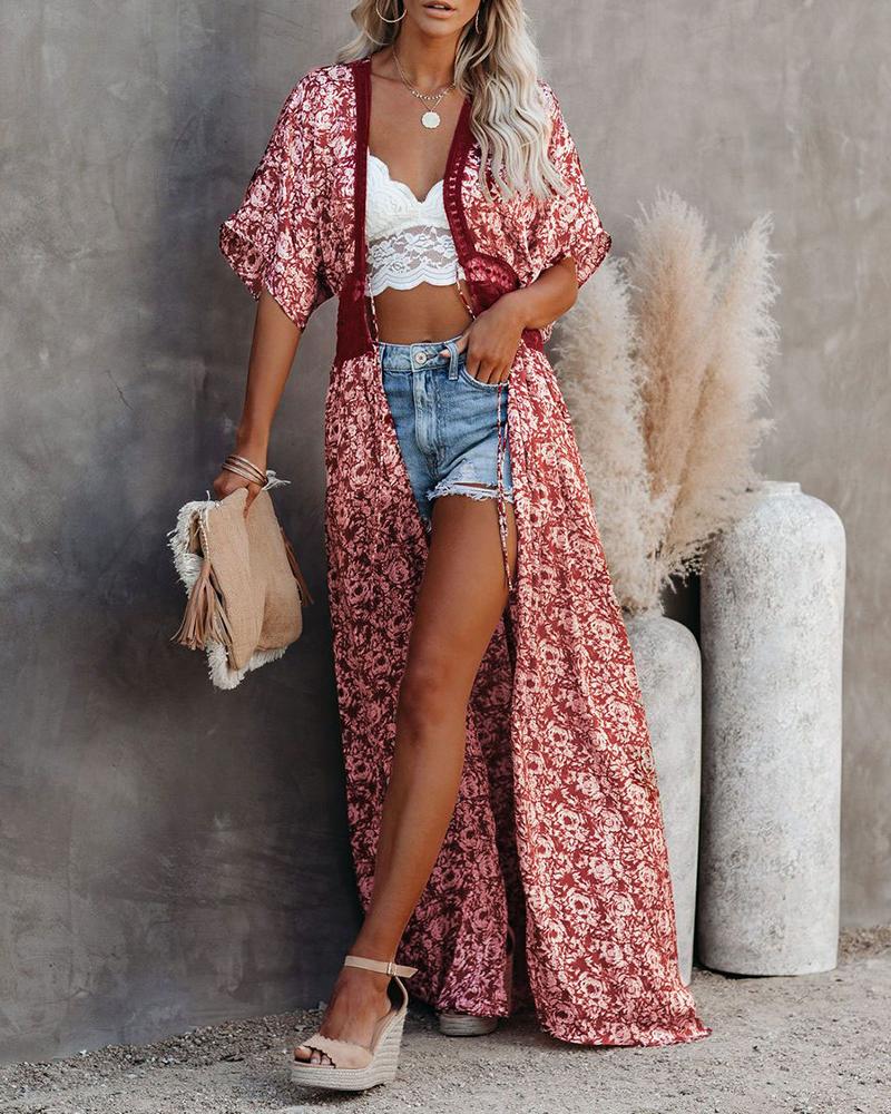 

Floral Print Lace Patch Half Sleeve Cover Up, Pink