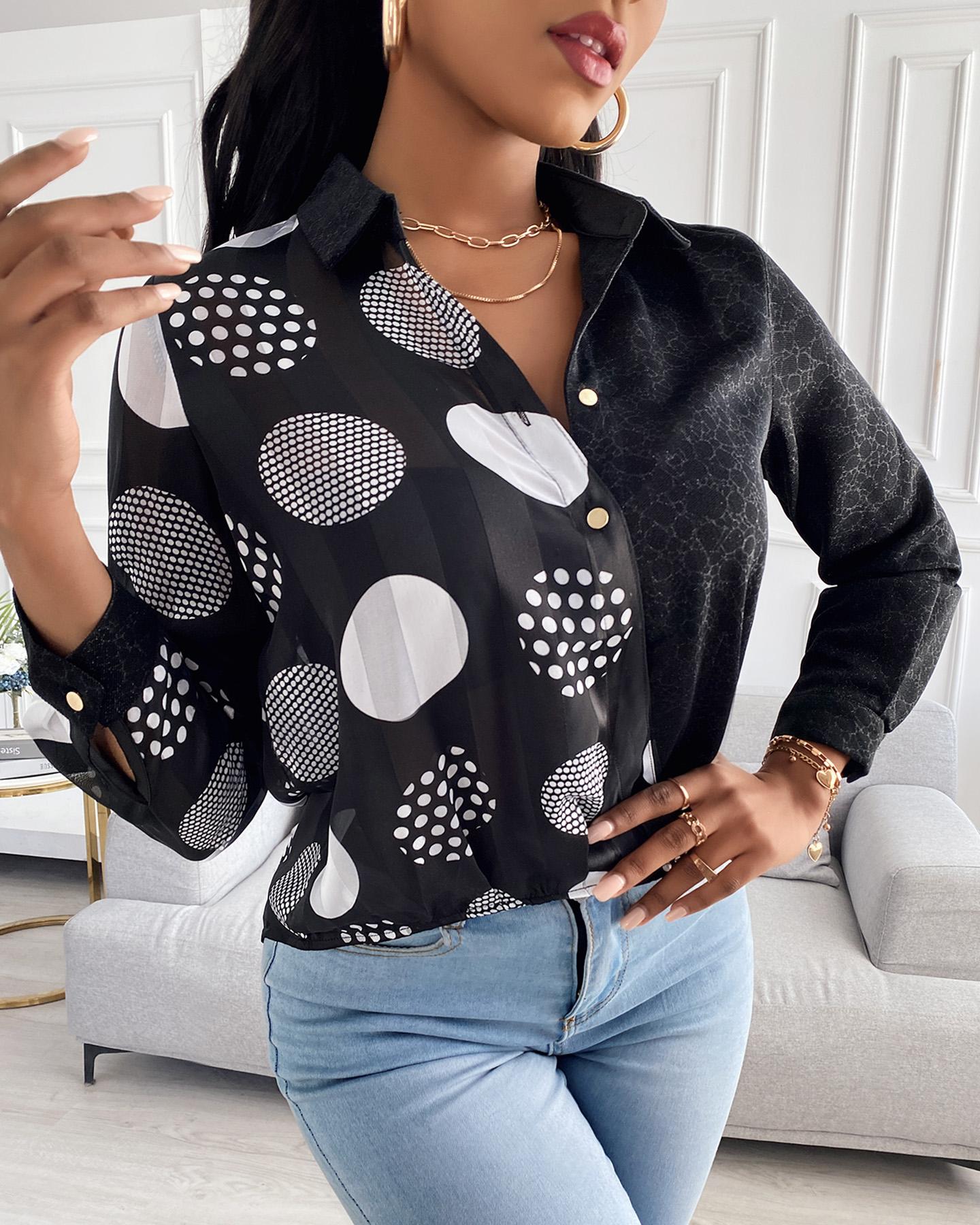 

Abstract Print Long Sleeve Button Design Shirt, Black