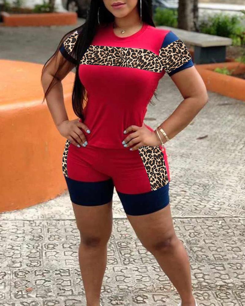

Cheetah Print Colorblock & Pocket Design Shorts Set, Red