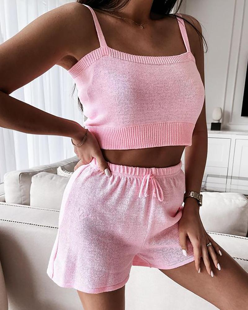 

Knit Thin Strap Top & Drawstring Shorts Set, Pink