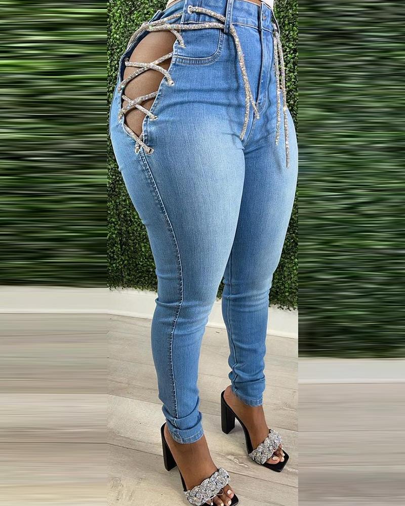 

Eyelet Lace-up Single Button Skinny Jeans, Blue