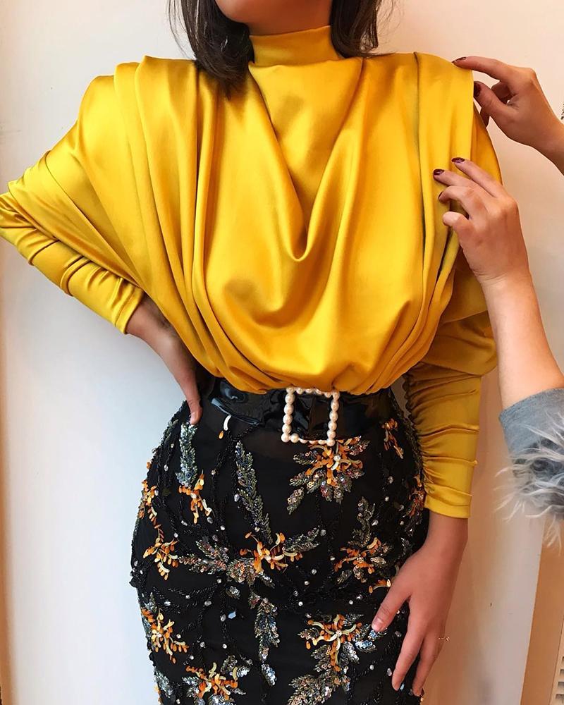 

High Neck Batwing Sleeve Drape Front Blouse, Yellow