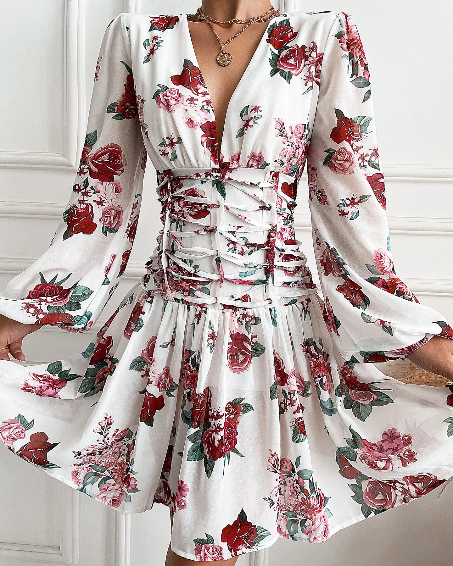 

Floral Print Lace Up Ruched Dress, White