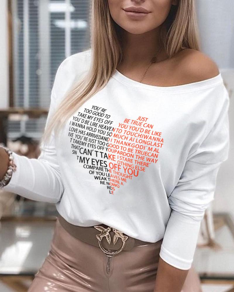 

Letter Heart Print O-neck Top, White