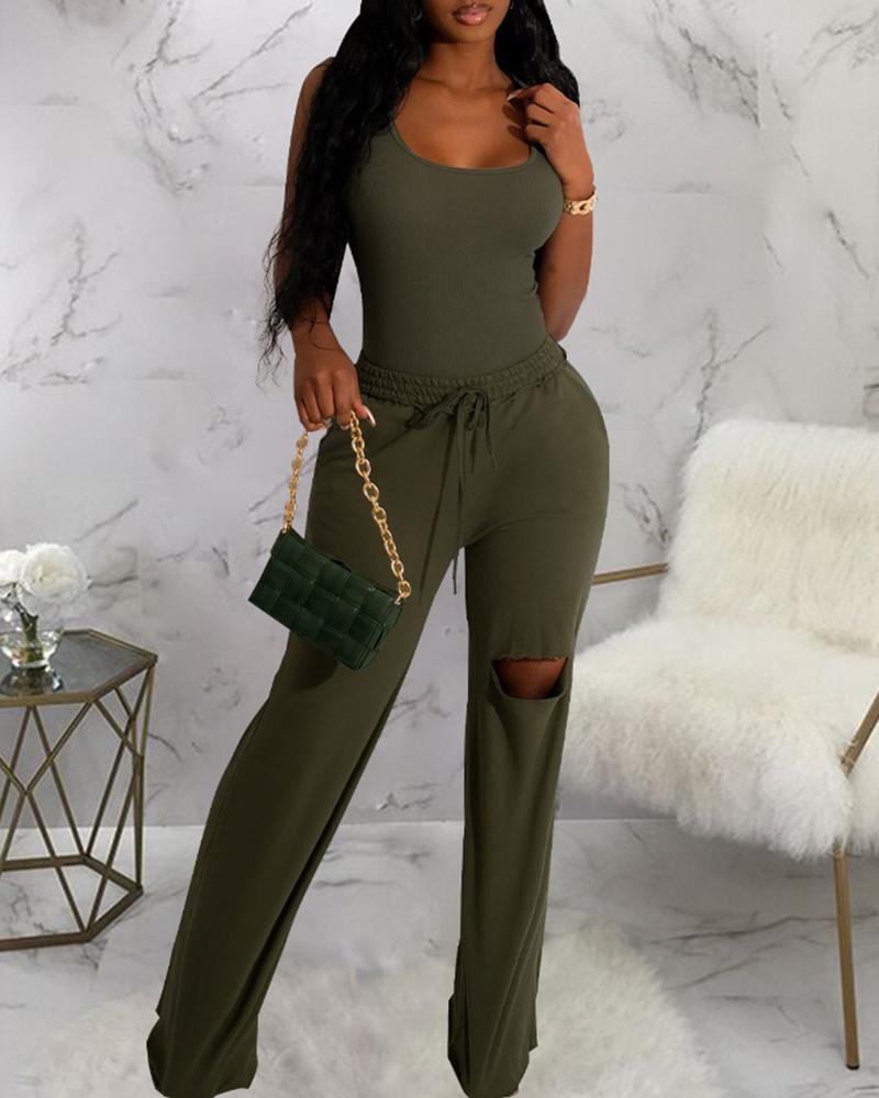 

U-Neck Bodysuit & Drawstring Cutout Wide Leg Pants Set, Green