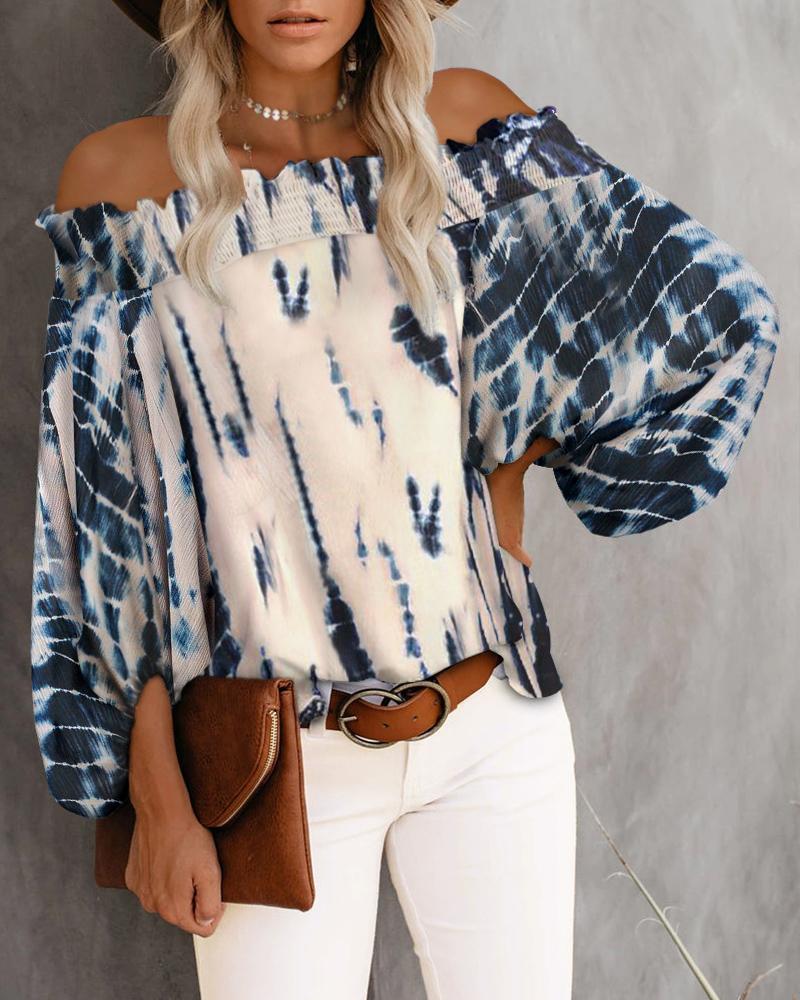 

Shirred Off Shoulder Lantern Sleeve Tie Dye Print Top, Blue