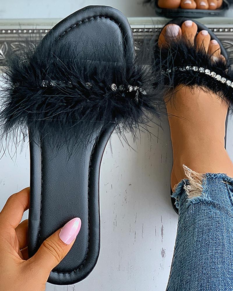 

Studded Feather Detail Flat Sandals, Black