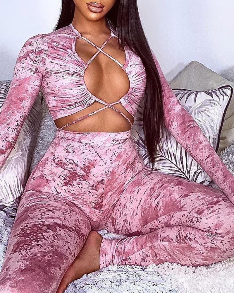 

Tie Dye Print Tied Detail Top & Pant Set, Pink