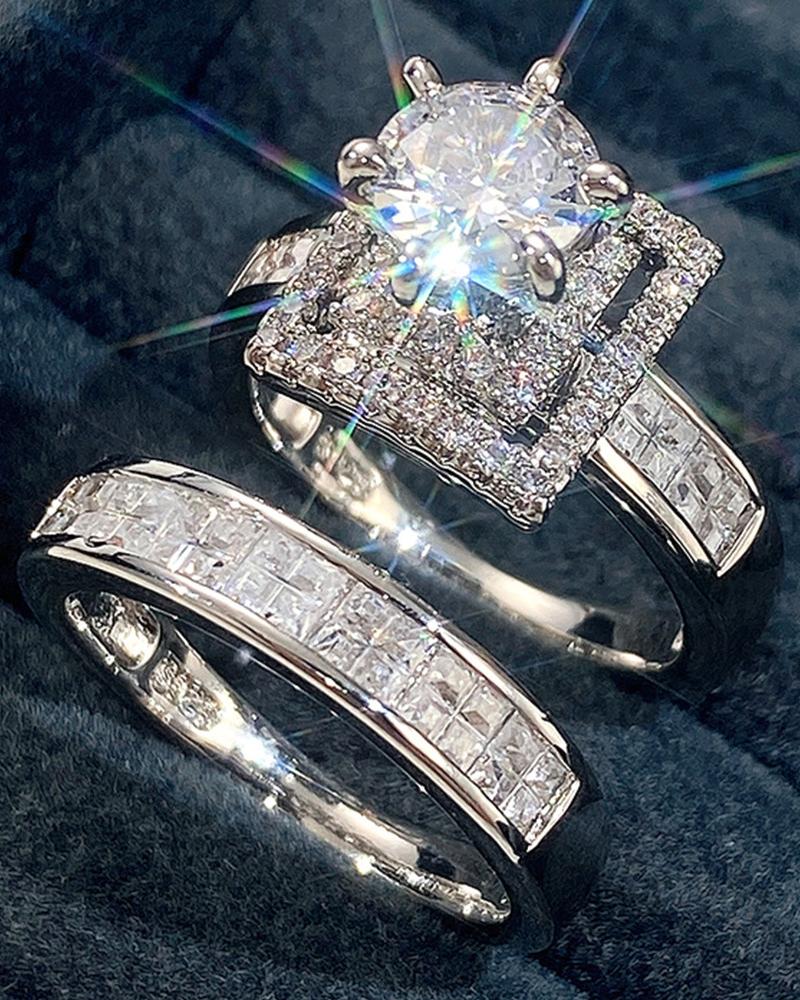 Juego de anillos de boda con circonita y diamantes de imitación cuadrados, 2 uds.