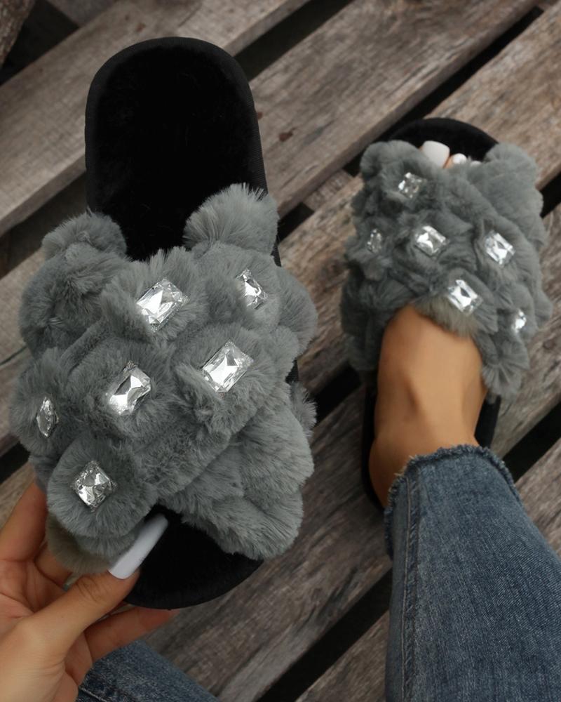

Gem Stone Cross Strap Fuzzy Slippers, Gray