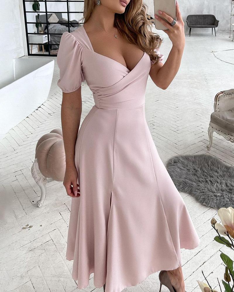 

Puff Sleeve Cutout Zip Back Slit Casual Dress, Pink