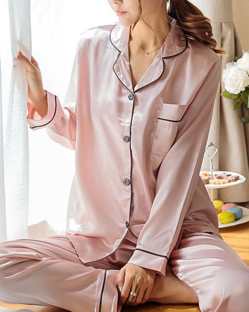 

Satin Contrast Binding Pajama Set, Pink