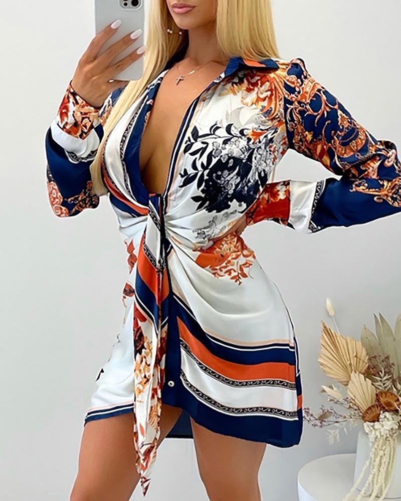 

Scarf Print Long Sleeve Shirt Dress, White