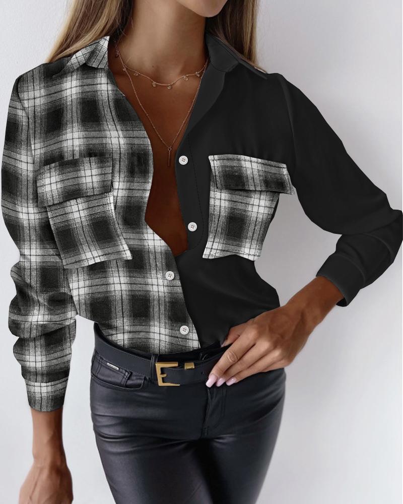 

Plaid Print Colorblock Pocket Design Shirt, Black