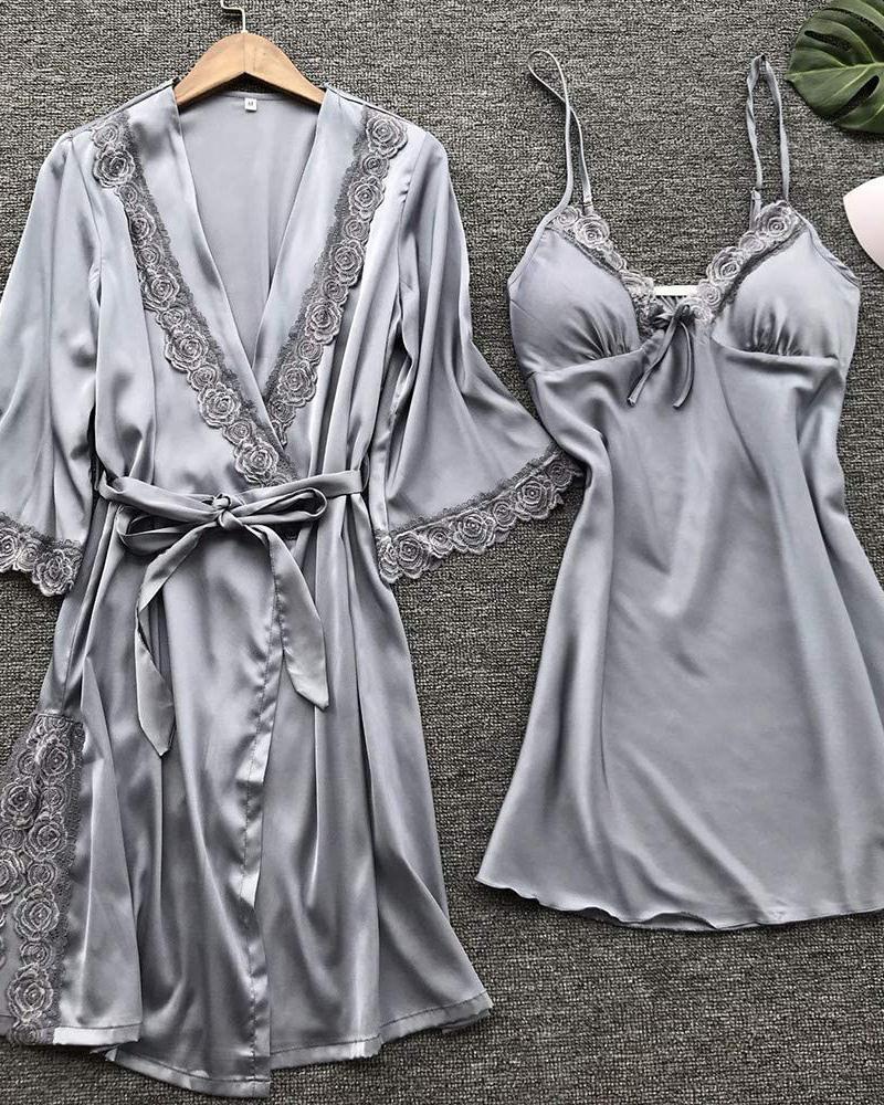 

Satin Lace Patch Nightgown With Robe, Silver