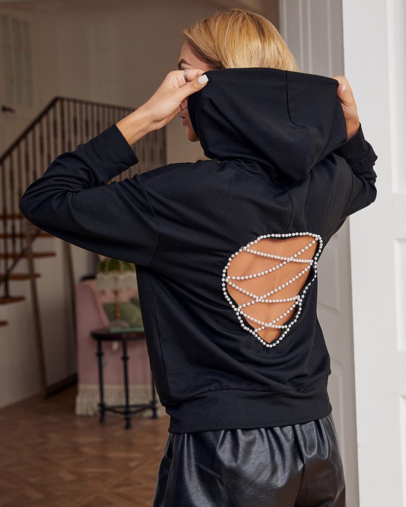 

Beaded Decor Open Back Long Sleeve Hoodie, Black