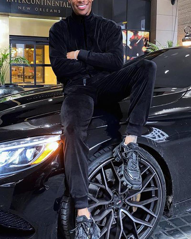 

Solid Color Long Sleeve Coat With Pants Active Sets, Black