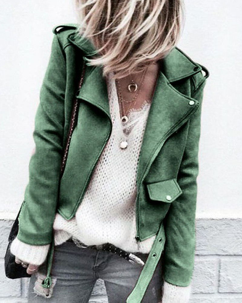 

Long Sleeve Zip Up Suede Jacket, Green